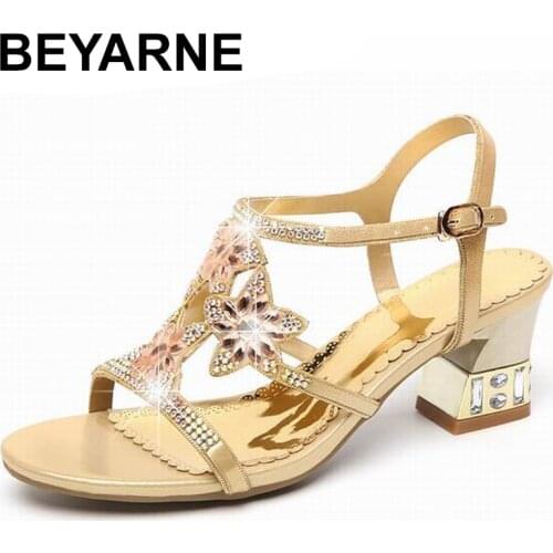 BEYARNE 2019Summer Rhinestone Thick Heels Women Sandals Shoes Sexy Open Toe Shoes Woman High Heels Sandals Platform Big SizeE168