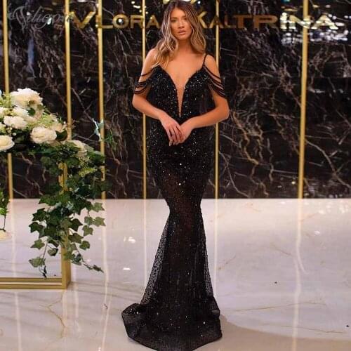 Ailigou Black 2021 New Womens Luxury Dress Mermaid Floor Sequin Beaded Robe De Soiree Aibye Split Prom Dress Saudi Arabia Dubai
