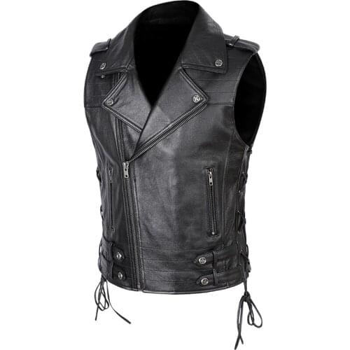 2021Mens Cowhide Leather Vest, Classic Motorcycle Rider Leather Vest, Diagonal Zipper Leather Vest, Leather Sleeveless Jacket