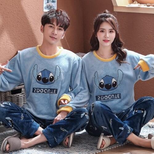 Winter Flannel Pajamas Set For Women Man Stitch Panda Cartoon Pijamas Mujer Home Clothes Suits Full Sleeve Warm Pyjama Sleepwear