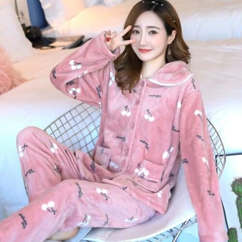 Winter Flannel Warm Women Pajamas Set Homewear Thick Female Fashion Sleepwear Pyjamas Suit Womens pijama mujer