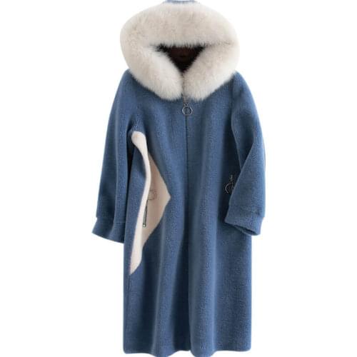 100% Wool Coat Female Sheep Shearling Coats Winter Jacket Women Fox Fur Collar Korean Long Jackets Chaqueta Mujer MY