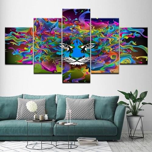 5Panel HD Printed multicolor tiger Wallpapers wall posters Print On Canvas Modular Art Painting For home living room decoration