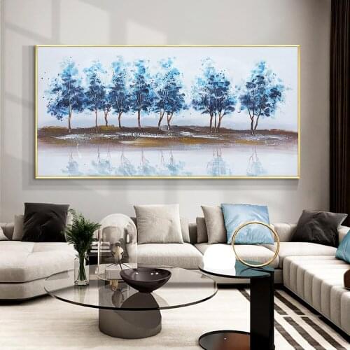 Abstract Large Size Painting Hand Painted Oil Painting On Canvas Blue Trees Painting Modern Wall Art For House Decoration