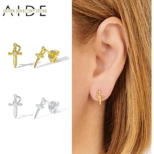 AIDE Punk Dagger Stud Earrings For Women Men Gift Cool Poniard Shape 925 Sterling Silver Earrings Brincos Fine Jewelry kolczyki