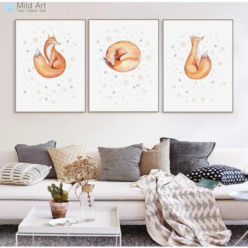 Watercolor Kawaii Snow Animal Fox Poster Nordic Living Room Wall Art Print Picture Christmas Home Decor Canvas Painting Custom