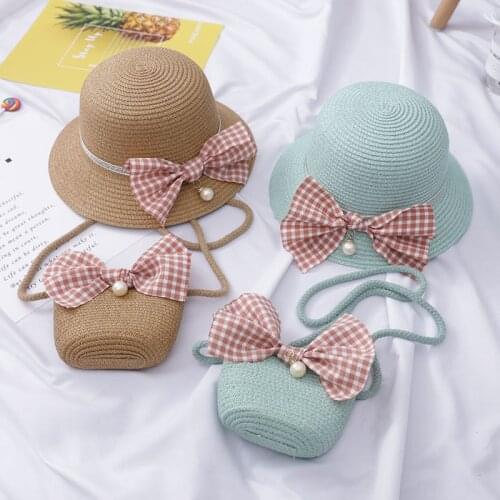 2-piece Childrens sunscreen sun hat bow-knot girls summer beach hat hand made Weave straw hat sun hat children sand hat+Bag