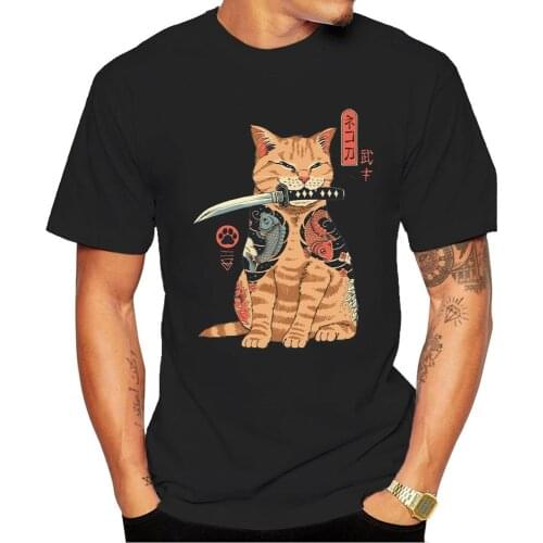 Japanese Samurai Cat Print Men T-shirt Street Fashion Funny Anime Oversized Hip-Hop Cotton O-neck Summer Loose Short Sleeve