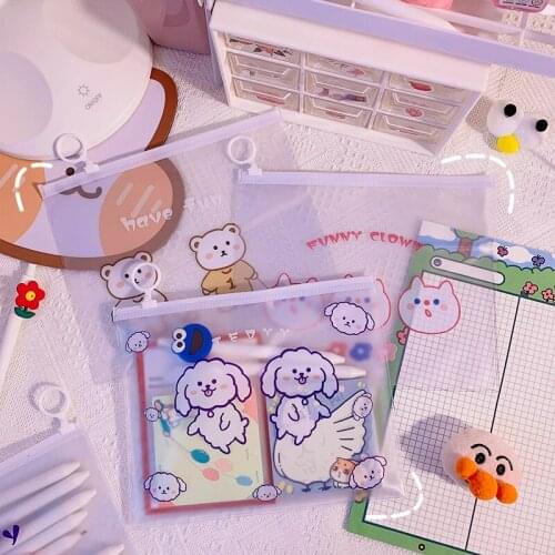 Ins Cartoon Cute Simple Pencil Pouch PVC Waterproof Oil Proof Transparent Drawstring Storage Bag Girl Stationery School Supplies