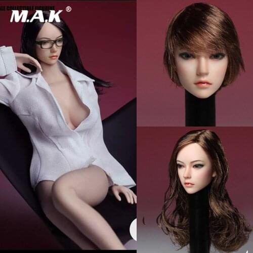 Collectible SDH002 1/6 Scale Asia Female Head Sculpt Black Long Straight/Brown Long Short Hair Model for 12'' Action Woman Body
