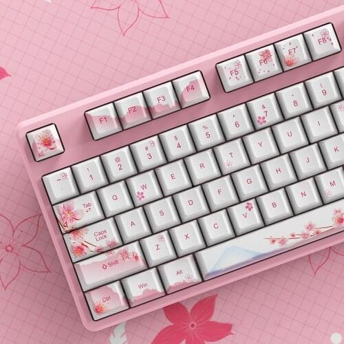 Kawaii PBT Keycaps Fuji Mountain Sakura Pink Theme OEM Cherry Profile Five Sides Dye Sublimation for Gaming Mechanical Keyboard