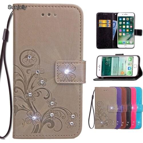 Sunjolly Leather Case Grass Rhinestone Leather Flip Card Wallet Stand Cover for iPhone 11 Pro X Xs Max XR 8/7 Plus 6S/6 Plus 5S