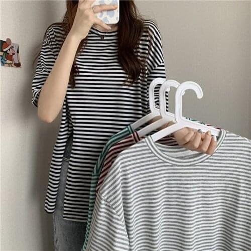 Summer Big Size T Shirts Womens 2021 New Loose Striped Split T-shirt Female Korean Short Sleeve Fashion Wild Tops aq695