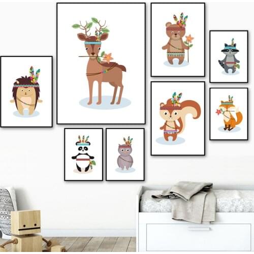 Cartoon Indian Deer Fox Bear Panda Koala Owl Wall Art Canvas Painting Nordic Posters And Prints Wall Pictures Kids Room Decor