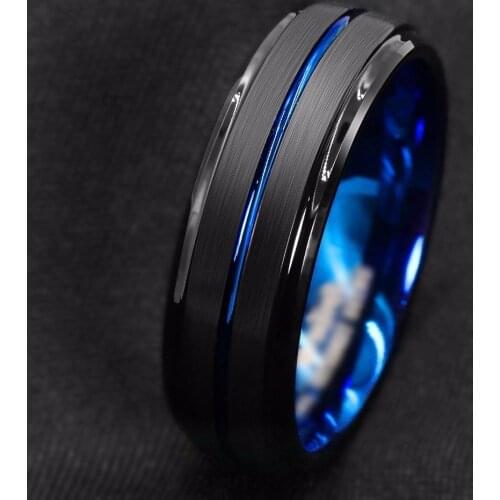 Mens Titanium Ring, Black Slotted Ring, Blue Mens Fashion Ring, Stainless Steel Ring, Luxurious Temperament Light