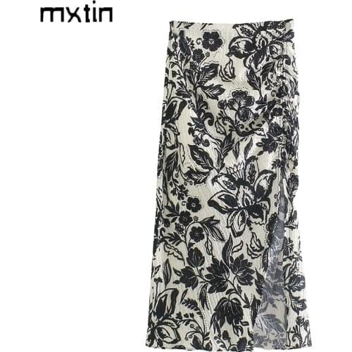 MXTIN 2021 Women Summer Vintage Floral Print High Waist Folds Midi Skirt Fashion Side Split Zipper Ladies Skirts Casual Mujer