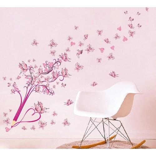 Pink Blossom Pencil Wall Stickers PVC Flower Butterfly Art Decal Wall Murals Removable DIY Living Room Background Home Decor