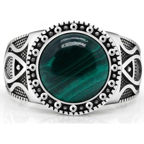 Natural stone pure 925 sterling silver antique Turkish ring, malachite mens agate color punk rock jewelry