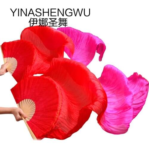 New Arrivals Stage Performance Dance Fans 100% Silk Veils Colored Women Belly Dance Fan Veils (2pcs) red + fuchsia