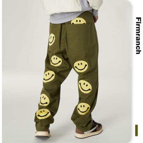 Firmranch New Men/Women High Street Ins Back Smile Face Print Japanese Casual Pants Casual Slacks Loose Long Leisure Trouser