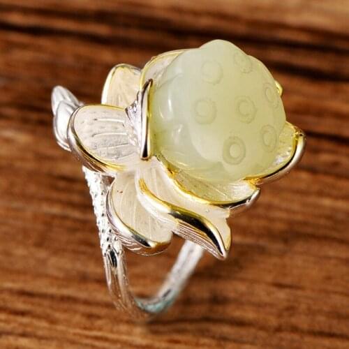 SA SILVERAGE Personality Sterling Silver Rings Luxury Women S925 Sterling Silver Jewelry Hetian Jade Lotus Inlaid Ladies Fashion