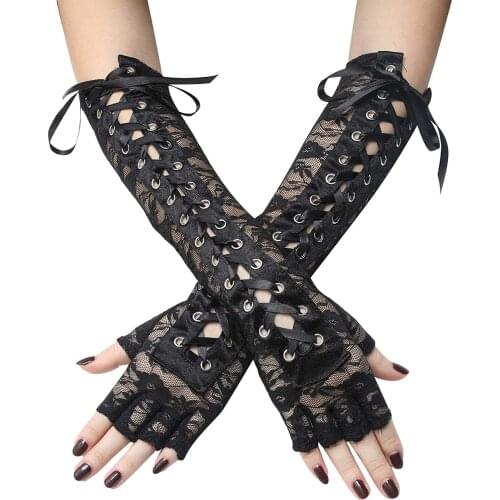 Sexy Lace Tie Womens Gloves Long Fashion Gothic Ribbon Rivet Half-Finger Ceremonial Ball Gloves Nightclub Hip Hop Long Mittens