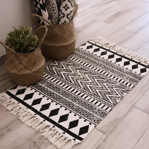 Ethnic Style Woven Linen Cotton Rectangle Rug Mat For Living Room Handmad Small Carpet Bedroom Bedside Foot Pad Washable