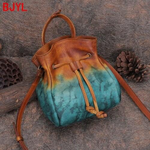 Vintage Casual Women Drawstring Portable Bucket Bag Female Crossbody Shoulder Pouch Bags Small Advanced Sense Top Layer Leather