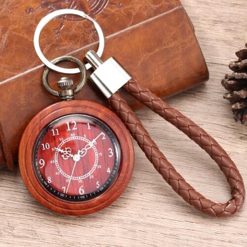 Vintage Wood Round Case Leather Rope Chains Pocket Watch Quartz Movement Antique Bronze Pocket Watch Gifts