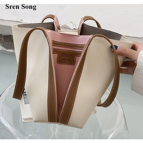 Women Bucket Messenger Shoulder Bags Color Contrast Underarm Bag Womens 2021 New Retro Fashion Pu Leather Large Capacity Bags