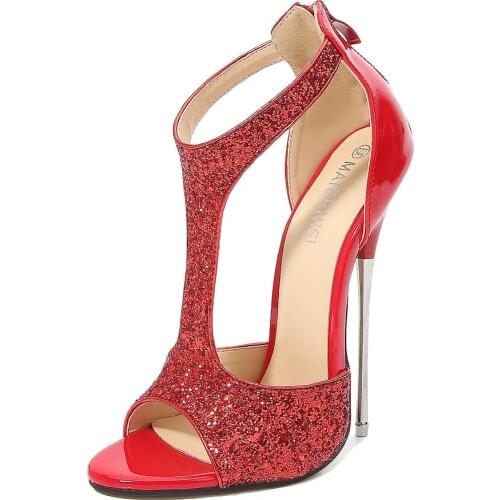 MAIERNISI Fun In Bed Pumps Women Sexy Sequin Cloth High Heels 16CM Red Bling Fetish High Heel Shoe Nightclub High-heeled Sandals