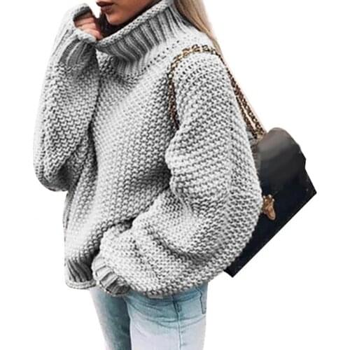 Ele-choices Women Solid Color Turtleneck Batwing Sleeve Knitted Sweater Loose Pullover Top