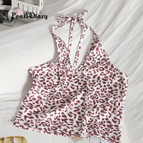 Pearl Diary Women Leopard Print Crop Tops Halter Neck V Neck Sexy Tops Summer Club Tops For Girls Backless Chic Beach Tops