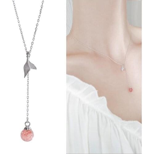 Lucky Strawberry Crystal Fish Tail Pendant Necklaces Women Choker Accessories Silver Plated Girls Clavicle Chain On Neck Bijou