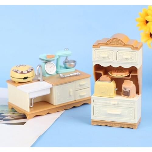 1 Set Cute Doll House Mini Furniture Dining Table Cabinet Baking Set Model Kitchen Scene