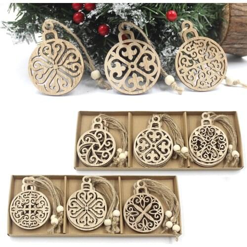 12PCS Sculpture Ball Christmas Wooden Pendants Xmas Tree Ornament Vintage Wood Crafts Kids Gift for Home Xmas Party Decorations