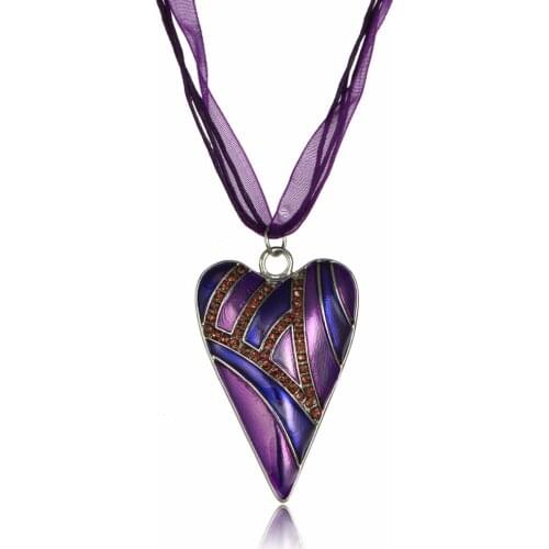12PC Wholesale Purple Retro Heart Love Crystal Pendant Charm Necklace Women Girls Vintage Rope Long Sweater Rhinestone Jewelry