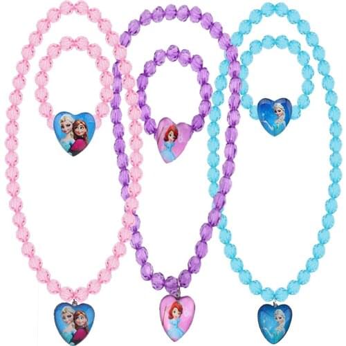 2Pcs/Set Disney Frozen Necklace Cute Princess Bracelet Toys Cartoon Anime Heart Shaped Pendant Girls Birthday Children Toy Gift