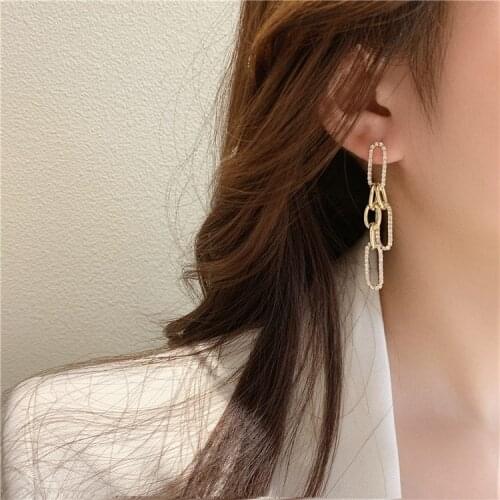 2020 Korean new design fashion jewelry long chain geometric buckle earrings copper inlaid zircon female tassel earrings