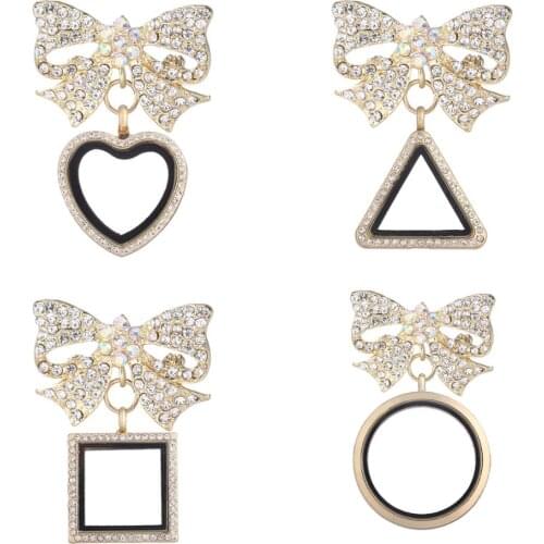 5pcs/lot Golden Flower bownot Rhinestone Brooches with Glass Living Memory Lockets Fit Floating Charms Women jewelry Party Gift