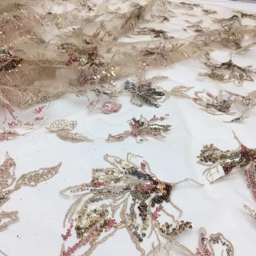 5yards/pc) high quality nude color African tulle lace fabric soft French net lace with excellent tiny sequins embroidery FSS413