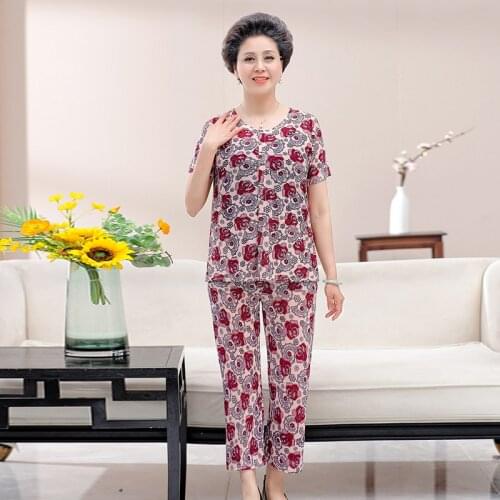 Large Size Women 2 Piece Set Women Grandma Loose Print Short-sleeved T-shirt Tops + Pants Suits Middle-aged Mother Summer