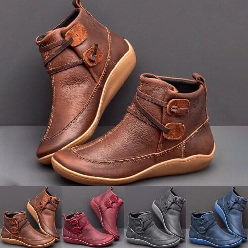 Dropshipping Women PU Leather Ankle Boots Winter Snow Boots Flat Shoes Ladies Shoes Short Plush Strap Vintage Botas Mujer