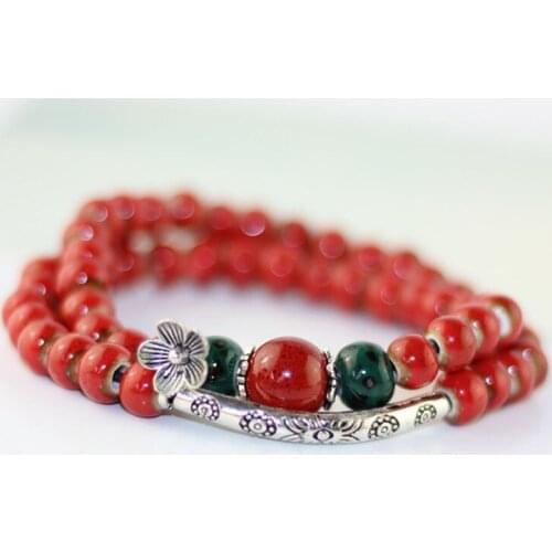 Folk-custom High-temperature Ceramic Beaded Bracelet Handmade Jewelry Flower Glaze Floret Tibetan Silver Winding Double Bracelet