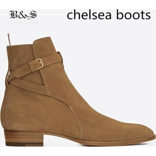 Black& Street Pointed Toe Wyatt MID Buckle Strap Men Suede Chelsea Boots genuine Leather Noble Boutique Wedge Boots