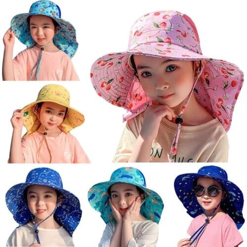 D0LF Toddler Girls Flap Cute Sun Hats Cartoon Print Sun Protection Hat Sun Cap Multiple Pattern Color Ponytail Available