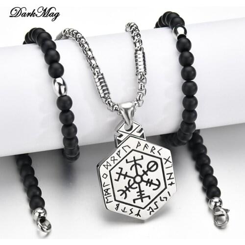 DarkMag Viking Icelandic Vegvisir Helmet Horror In Runic Circle Pendant Magical Staves Compass Rune Amulet Collier Bead Necklace