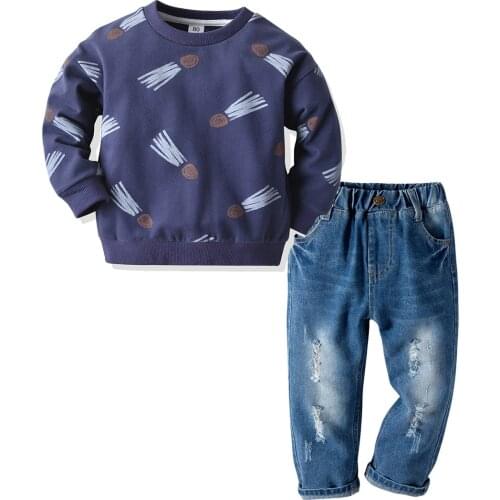 Blue Feather Ball Mark Denim Outerwear Children Clothes 2021 Boy Girl Set Costume for Kids T-shirt Jean Sport Suits Top Trousers