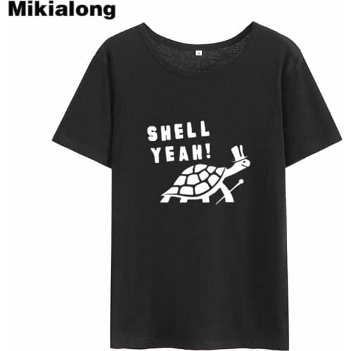 MIkialong Shell Yeah Tortoise Cartoon T Shirt Women 2018Summer Short Sleeve Cotton Tee Shirt Femme Black White Casual Women Tops