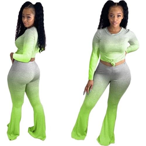 Gradient Tracksuit Lounge Wear Two Piece Set Long Sleeve T Shirt Crop Top Skinny Bell Bottom Pants Plus Size Womens Clothing